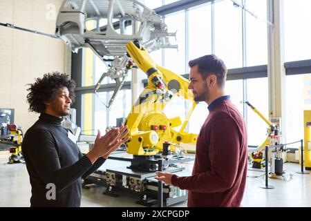 Zwei Ingenieure diskutieren die Programmierung und den Betrieb eines Roboterarms in einer industriellen Umgebung. Konzentrieren Sie sich auf Robotik, Automatisierung, Engineering und Stockfoto