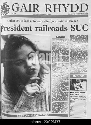 FOTOS ABLEGEN – CARDIFF, WALES, Großbritannien – JANUAR 30 1995: Foto von Gewerkschaftspräsident Vicky Alexander in einer Titelstory in der Cardiff Studentenzeitung Gair Rhydd. INFO: Vicky Alexander – Victoria Alexander, heute Lady Victoria Starmer – war Mitglied des Executive Teams der Cardiff University Students’ Union als Referentin für Bildung und Wohlfahrt (1993-94) und Präsident (1994-95). In diesem 30 Jahre alten Archiv könnte es Unzulänglichkeiten geben. Foto: Rob Watkins/Alamy Live News Stockfoto