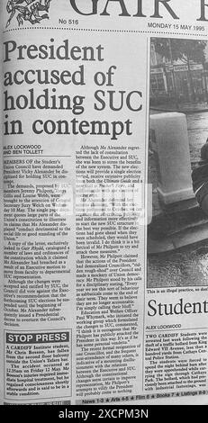 FOTOS ABLEGEN – CARDIFF, WALES, Großbritannien – 15. MAI 1995: Bild von Gewerkschaftspräsident Vicky Alexander in einer Titelstory in der Cardiff Studentenzeitung Gair Rhydd. INFO: Vicky Alexander – Victoria Alexander, heute Lady Victoria Starmer – war Mitglied des Executive Teams der Cardiff University Students’ Union als Referentin für Bildung und Wohlfahrt (1993-94) und Präsident (1994-95). In diesem 30 Jahre alten Archiv könnte es Unzulänglichkeiten geben. Foto: Rob Watkins/Alamy Live News Stockfoto