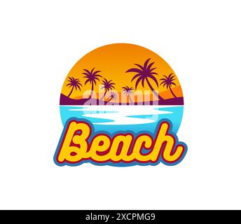 Tropischer Sonnenaufgang im Sommer, Palmen und Inselstrand mit blauen Meereswellen und ruhiger exotischer Landschaft. Isoliertes Vektor-Emblem, das das Wesen des Paradieses, der Reise, des Tourismus, des Urlaubs und des Resorts verkörpert Stock Vektor