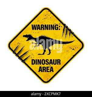 Dinosaurier-Warnschild mit Krallenkratzer. Vektor grungy gelb und schwarz rautenförmige Banner mit brüllender Spinosaurus Silhouette. Verstörte Warnmeldung, Alarmschild für Dino Park Stock Vektor