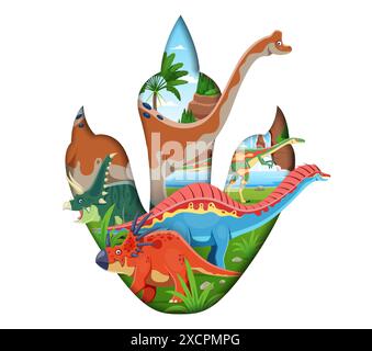 Prähistorischer Dinosaurier-Fußabdruck mit lustigen Dino-Charakteren. Papier geschnittene 3D-Vektorpfoten-Rahmen gefüllt mit Styrocasaurus, Chasmosaurus, amargasaurus, elaphosaurus und Pelorosaurus in Jurassic Landscape Stock Vektor