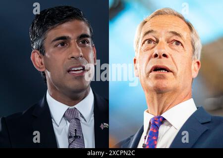 Ein Montagebild der britischen Politiker Rishi Sunak und Nigel Farage. Stockfoto