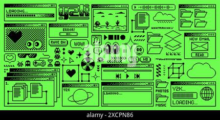 Rave Y2K Computerfenster Seite mit säuregrünem Bildschirm und Pixelschaltflächen, Vektorhintergrund. Acid Rave Y2K Computerfenster mit 8-Bit-Ladebalken, Dateiordnern, Musik-Player und Nachrichtenbox Stock Vektor