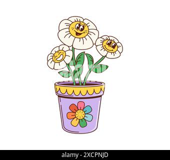 Cartoon Retro groovige Gänseblümchenfiguren wachsen im Topf. Isolierte Vektor-psychedelische Kamillenblüten-Persönlichkeiten mit weißen Blüten, seinen guten Augen, einem breiten Lächeln und einer entspannten, groben Sommeratmosphäre Stock Vektor