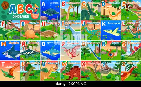 Kinder-Alphabet für prähistorische Dinosaurier. Vektor farbenfroher pädagogischer Dino abc, mit einer Vielzahl von Reptilien, die jeweils einem anderen Buchstaben des Alphabets entsprechen. Dinosaurier in ihrem natürlichen Lebensraum Stock Vektor