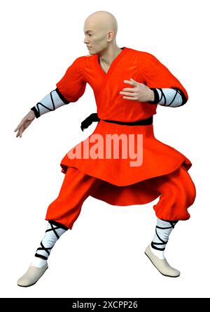 3D-Rendering eines Shaolin Mönch isoliert Trainieren auf weißem Hintergrund Stockfoto