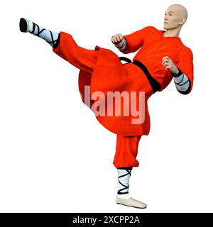 3D-Rendering eines Shaolin Mönch isoliert Trainieren auf weißem Hintergrund Stockfoto