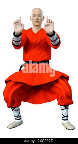 3D-Rendering eines Shaolin Mönch isoliert Trainieren auf weißem Hintergrund Stockfoto