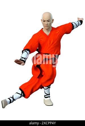 3D-Rendering eines Shaolin Mönch isoliert Trainieren auf weißem Hintergrund Stockfoto