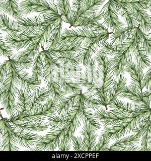 Tannenzweig mit grünen Nadeln. Nahtloses Weihnachtsmuster im Vintage-Stil. Tannenzweig. Handgezeichnete Aquarellillustration traditioneller Winterhintergrund Stockfoto