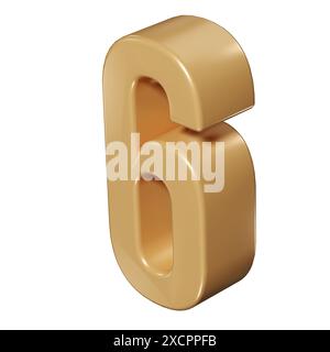 3D Zahl sechs 6 goldenes oder bronzefarbenes Typografiesymbol oder Zeichenvorlage, realistische Illustration. Goldene sechste Ziffer oder Zahl für die Nummerierung Stockfoto
