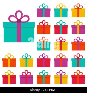 Sammlung von 20 mehrfarbigen Geschenkboxen. Vektorabbildung Stock Vektor