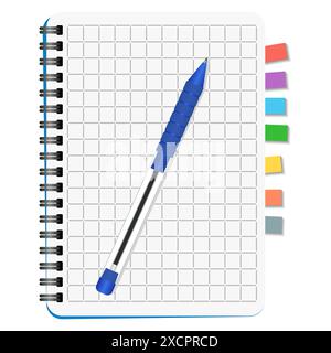 Notizbuch mit farbigen Lesezeichen und blauem Stift auf weißem Hintergrund Stock Vektor