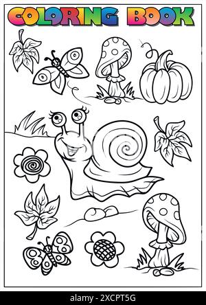 Schwarz-weiß-Illustration einer Schnecke und Herbstelemente für eine Färbung Stock Vektor