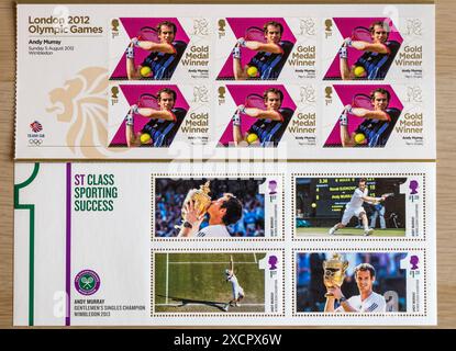 Royal Mail Mint-Briefmarken-Set zum Gedenken an Andy Murray, der die Olympischen Spiele 2012 gewann, und Wimbledon 2013, Großbritannien Stockfoto