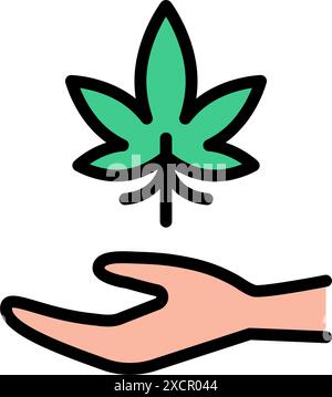 Offene Hand mit dem Symbol für die Farbe der Marihuanablätter. Flache Symbole von Cannabidiol. Cannabislegalisierung. Einfaches Symbol. Vektor-isolierte Zeichnung Stock Vektor