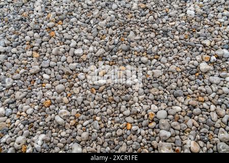 Nahaufnahme der Küstenlandschaft mit vielen Kieselsteinen, die an einem Strand in der Normandie in Nordfrankreich zu sehen sind Stockfoto