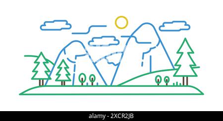 Einfache Berglandschaft unter Himmel mit Sonne und Wolken, Linie Symbol Vektor Illustration Stock Vektor