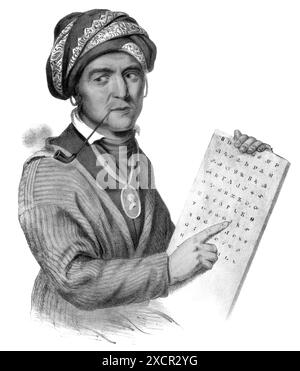 Sequoyah (um 1770–1843), Sohn einer Cherokee-Frau und eines Pelzhändlers aus Virginia, war ein Krieger, Jäger und Silberschmied, der zwölf Jahre lang daran arbeitete, eine Schreibmethode für die Cherokee-Sprache zu entwickeln. (Aus einer handkolorierten Lithographie, 1837, nach einem früheren Porträt von Charles Bird King, das beim Brand von Smithsonian Castle von 1865 zerstört wurde.) Stockfoto