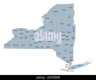 New York State Countys, graue politische Karte. New York, ein Bundesstaat im Nordosten der Vereinigten Staaten, einer der mittelatlantischen staaten. Stockfoto