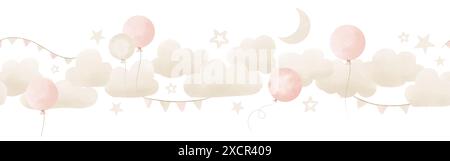 Babyrand mit Wolken und Ballons in Pastellrosa und Beige. Nahtloses Muster für Wandbilder im Kinderzimmer oder kindliche Grußkarten oder Weihnachtseinladungen. Rahmen mit Sternen und Girlanden. Stockfoto