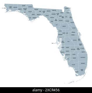 Florida State Countys, graue politische Karte. Florida, ein Bundesstaat im Südosten der Vereinigten Staaten, unterteilt in 67 Countys. Stockfoto