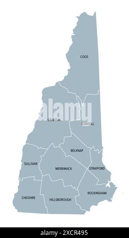 New Hampshire State Countys, graue politische Karte. New Hampshire, ein Bundesstaat in der Region New England im Nordosten der Vereinigten Staaten. Stockfoto