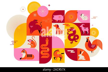 Chinesisches Horoskop Zodiac Konzept Design, Poster, Banner. Geometrischer minimalistischer Stil. Tiersymbole des chinesischen Neujahrs. Set Maskottchen: Kaninchen Stock Vektor