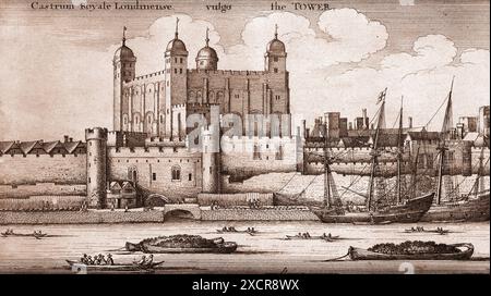 Blick auf den Tower of London von der Themse aus, mit Verrätertor davor. Ätzung von Wenceslaus Hollar (1607-1677), ca. Mitte des 17. Jahrhunderts. Stockfoto