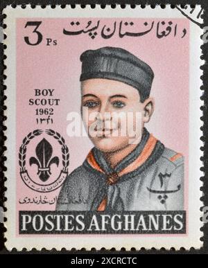 Briefmarke, gedruckt von Afghanistan, die Pfadfinder zeigt, um 1962. Stockfoto