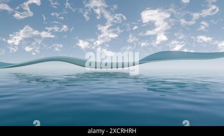 Abstrakter Sonnenaufgang über ruhigen Gewässern: Ein digitales 3D-Kunstwerk mit fließender Bewegung und lebendigem Licht Stockfoto