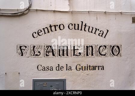 Sevilla, Spanien. 7. Februar 2024 - Schild des Centro Cultural Flamenco 'Casa de la Guitarra' auf einer Wand gemalt, Nahaufnahme Stockfoto