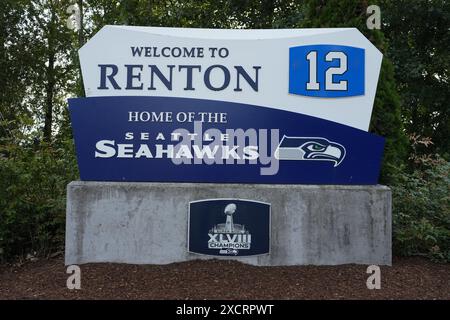 Ein Schild am Eingang zum Seattle Seahawks Hauptquartier und Trainingseinrichtung im Virginia Mason Athletic Center, Mittwoch, 12. Juni 2024, in Renton, Wasch. Stockfoto