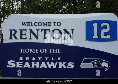 Ein Schild am Eingang zum Seattle Seahawks Hauptquartier und Trainingseinrichtung im Virginia Mason Athletic Center, Mittwoch, 12. Juni 2024, in Renton, Wasch. Stockfoto