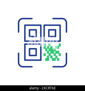 Scannen von QR-Code. QR Code Reader App-Konzept. Symbolerkennung oder Ablesen des QR-Codes in flacher Form. Grünes und blaues Symbol für die Zeile der Scanner-Anwendung. Vektor Stock Vektor