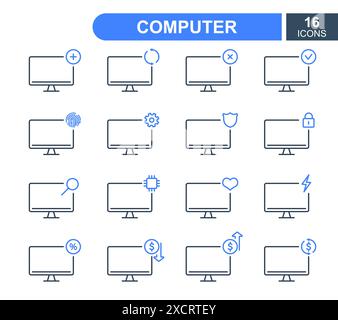 Satz einfacher Symbole für Computerzeilen. Zeilensymbole für Computer Repair Service, Sale, Leihservice, Renovation und Update System. Lineare PC-Symbole. Bearbeitbare Kontur Stock Vektor