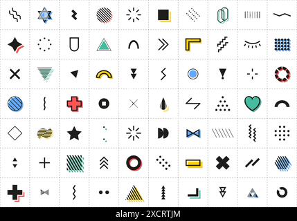Abstrakte Geometrische Formen. Memphis Design Elements Set. Color Retro Minimal Cover Template Design für Web, Poster und Werbebanner. Modern Stock Vektor