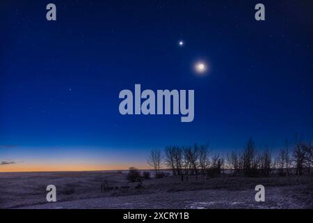 Der abnehmende Halbmond in einer weiten Verbindung unter der Venus am Morgenhimmel über einem verschneiten Feld im Süden Albertas. Erdschein erleuchtet die Dunkelheit Stockfoto