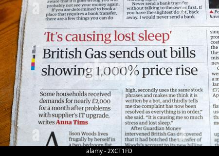 „Es verursacht verlorenen Schlaf“ „British Gas sendet Rechnungen mit einem Preisanstieg von 1.000 % aus“ die Zeitung Guardian titelt die Energiekosten 8. Juni 2024 London UK Stockfoto