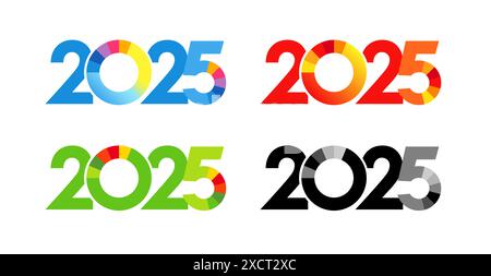 Satz kreativer farbenfroher Zahlen 2025. Symbole für ein frohes neues Jahr. Logo-Konzept für das Geschäftsjahr 2025. Blaue, rote, grüne, schwarze und weiße Vorlage. Sammlung Stock Vektor