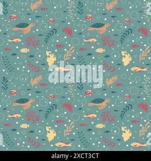 Sich wiederholendes nahtloses Muster mit Schildkröte, Algen und Fischen. Stock Vektor