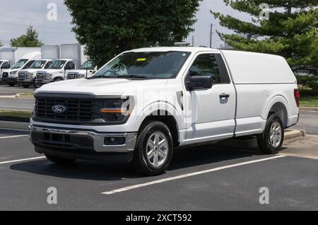 Plainfield - 16. Juni 2024: Ford F-150 mit einer A.R.E.-Utility Truck Shell Cap und einer Lichtleuchte. Ford bietet den F150 für Arbeits- und Einzelhandelsmodelle an. MEIN:2024 Stockfoto