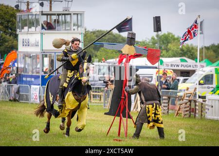 Cheshire Show, Clay House Farm, Flittogate Lane, Knutsford - 18. Juni 2024 - die Royal Cheshire County Show 2024 ist eine prächtige Hommage an die idyllische Landschaft von Cheshire, Landwirtschaft, köstliche Küche und gesunde Familienunterhaltung. Es bietet Viehwettbewerbe, Reitveranstaltungen, lokale Produkte, Kunsthandwerk und ein kulinarisches Dorf mit Live-Kochvorführungen von Spitzenköchen. Die Ritter von Nottingham unterhielten sich mit Ritterspielen und Kämpfen. Die Show feierte ihr 185-jähriges Bestehen im Jahr 2023. Quelle: John Hopkins/Alamy Live News Stockfoto