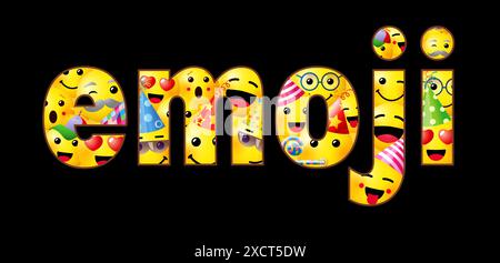 Kreatives Wort Emoji. Schriftzug mit gelben 3D-Gesichtern und Schnittmaske. Banner für soziale Netzwerke. Happy Emoji Day gratuliert Konzept. Gruppe von isolierten Stock Vektor
