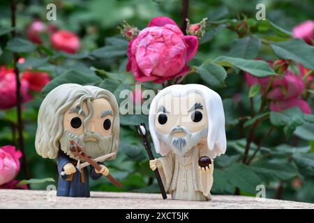 Funko Pop Actionfiguren der Zauberer Gandalf the Grey und Saruman the White aus dem Fantasy-Film der Herr der Ringe. Moody Garden, rote Rosen. Stockfoto