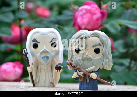 Funko Pop Actionfiguren der Zauberer Saruman der Weiße und Gandalf der Graue aus dem Fantasy-Film der Herr der Ringe. Moody Garden, rote Rosen. Stockfoto