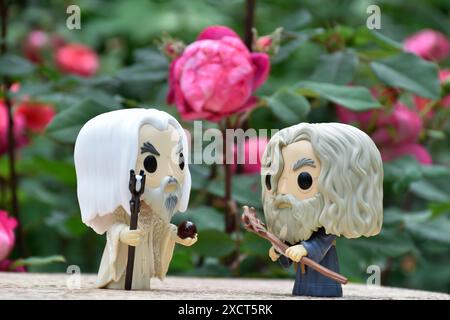 Funko Pop Actionfiguren der Zauberer Saruman der Weiße und Gandalf der Graue aus dem Fantasy-Film der Herr der Ringe. Moody Garden, rote Rosen. Stockfoto