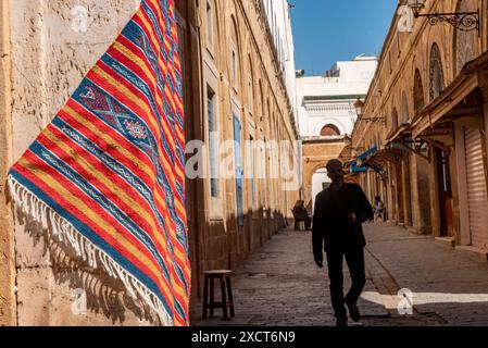 Tunis, Tunesien. Mai 2024. Ein wunderschöner traditioneller gewebter Teppich hängt vor einem Geschäft im Souk von Tunis Medina. (Foto: John Wreford/SOPA Images/SIPA USA) Credit: SIPA USA/Alamy Live News Stockfoto