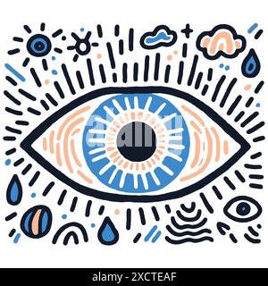 Große bunte Augenzeichnung umgeben von kindlichen Kritzeleien, die ein Konzept darstellen. Vektorabbildung. Stock Vektor